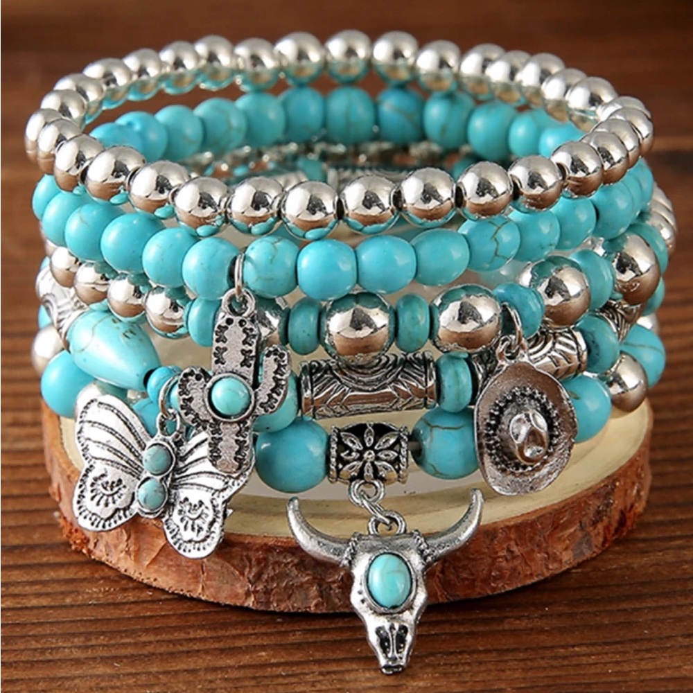 Stacked Turquoise and Silver Beaded Bracelet Set